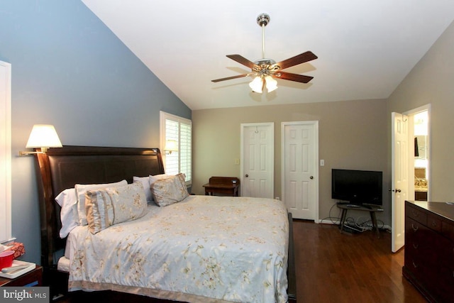 11409 Flints Grove Ln, North Potomac, MD 20878 - bedroom featuring lofted ceiling, dark wood-type flooring, and ceiling fan