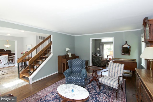 11409 Flints Grove Ln, North Potomac, MD 20878 - living room with wood finished floors, ornamental molding, stairway, and baseboards
