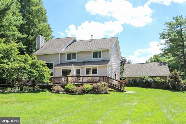 11409 Flints Grove Ln, North Potomac, MD 20878 - rear view of property with a wooden deck, a chimney, a yard, and stairway