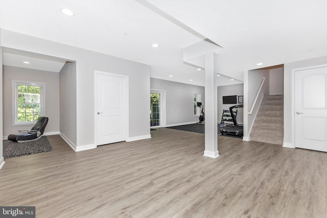2304 Kings Forest Trl, Mount Airy, MD 21771 - unfurnished living room with wood finished floors, stairs, and recessed lighting
