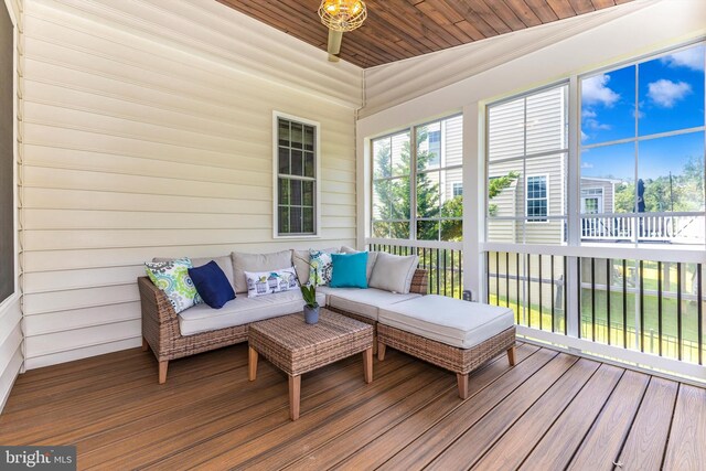 2304 Kings Forest Trl, Mount Airy, MD 21771 - sunroom / solarium featuring an outdoor hangout area, wooden ceiling, and wood finished floors