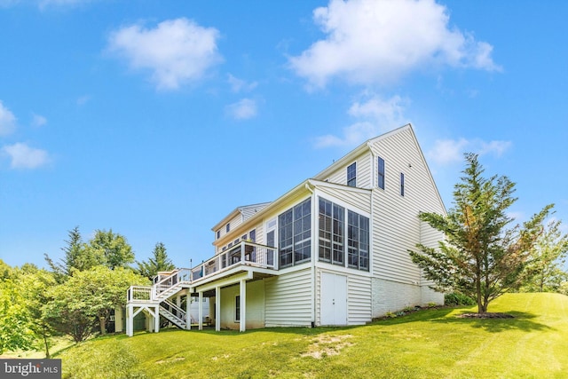 2304 Kings Forest Trl, Mount Airy, MD 21771 - rear view of property with a deck, stairs, a lawn, and a sunroom