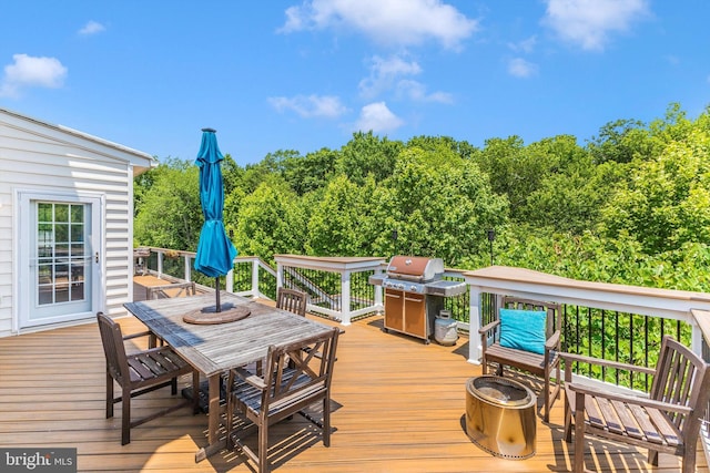2304 Kings Forest Trl, Mount Airy, MD 21771 - wooden deck featuring outdoor dining area and a grill