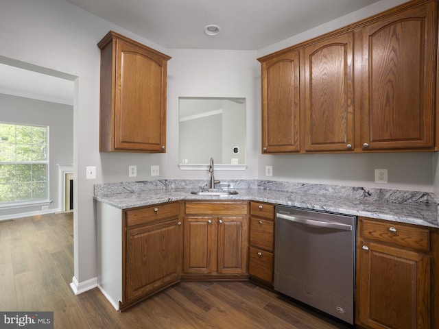 15413 Pocopson Creek Way, Brandywine, MD 20613 - kitchen with dishwasher, a sink, dark wood-style flooring, and light stone countertops