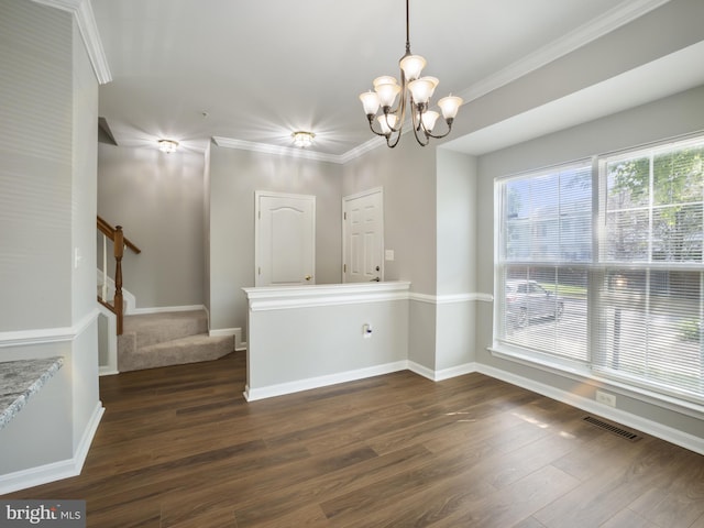 15413 Pocopson Creek Way, Brandywine, MD 20613 - empty room featuring dark wood finished floors, stairs, a chandelier, crown molding, and baseboards