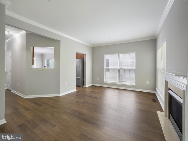 15413 Pocopson Creek Way, Brandywine, MD 20613 - unfurnished living room featuring a fireplace, plenty of natural light, ornamental molding, dark wood finished floors, and baseboards