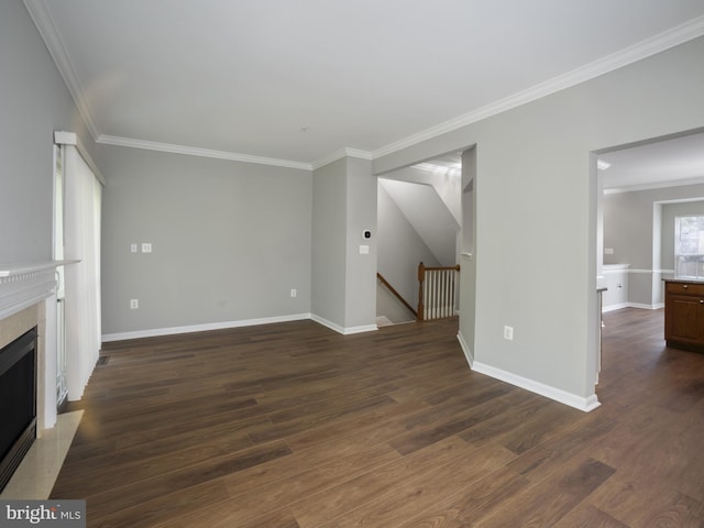15413 Pocopson Creek Way, Brandywine, MD 20613 - unfurnished living room featuring crown molding, dark wood finished floors, a high end fireplace, and baseboards