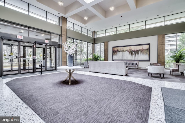 3713 S George Mason Dr Unit 713, Falls Church, VA 22041 - common area featuring a high ceiling, coffered ceiling, and beam ceiling