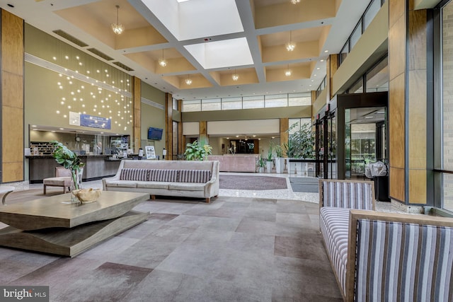3713 S George Mason Dr Unit 713, Falls Church, VA 22041 - welcome area featuring a high ceiling, coffered ceiling, a skylight, and beamed ceiling