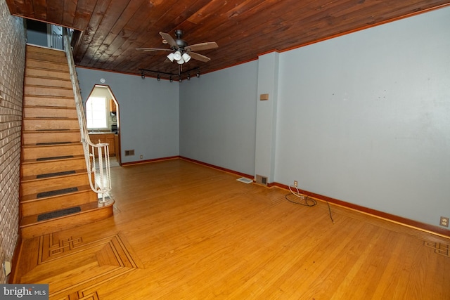 4225 Tackawanna St, Philadelphia, PA 19124 - spare room featuring stairs, ceiling fan, wood finished floors, baseboards, and wooden ceiling