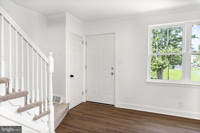 5021 Loretto Ave, Philadelphia, PA 19124 - foyer with stairway, dark wood-type flooring, healthy amount of natural light, baseboards, and ornamental molding