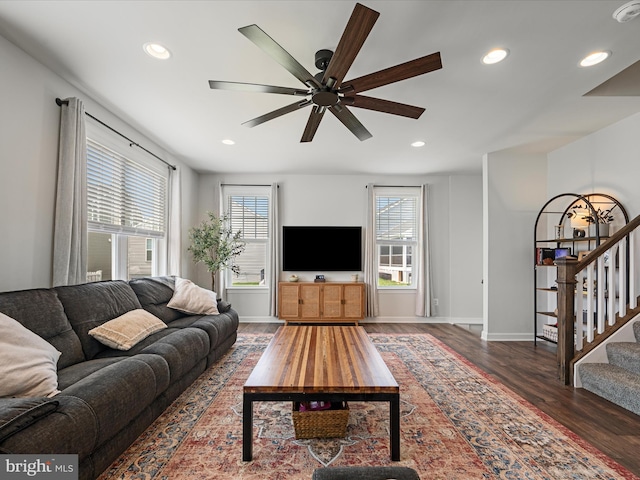 104 Barrister St, Stephenson, VA 22656 - living room with wood finished floors, ceiling fan, stairway, recessed lighting, and baseboards