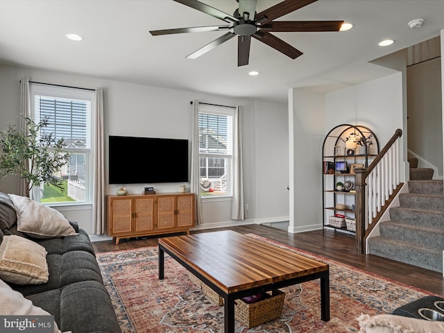 104 Barrister St, Stephenson, VA 22656 - living room featuring wood finished floors, a ceiling fan, recessed lighting, stairs, and baseboards