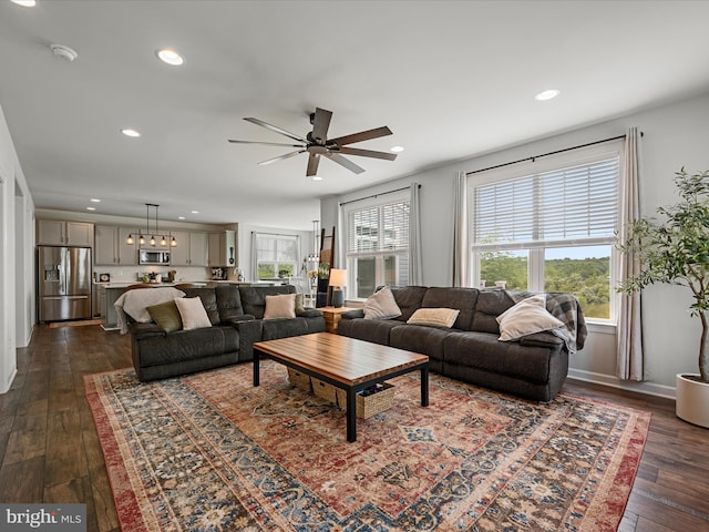 104 Barrister St, Stephenson, VA 22656 - living room featuring recessed lighting, dark wood finished floors, ceiling fan, and baseboards