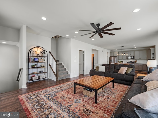 104 Barrister St, Stephenson, VA 22656 - living area with dark wood-style floors, ceiling fan, recessed lighting, stairs, and baseboards