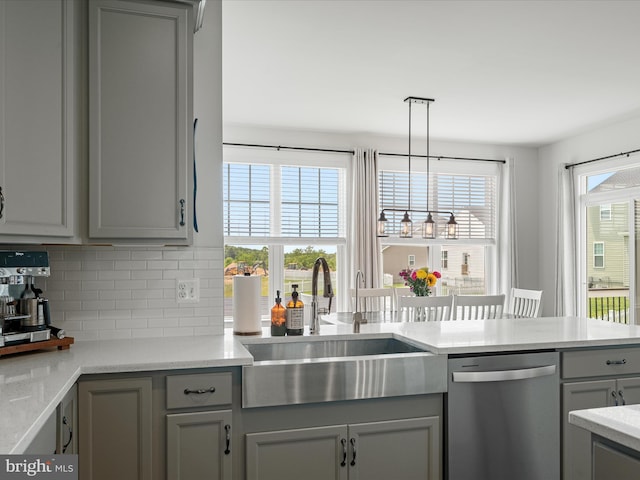 104 Barrister St, Stephenson, VA 22656 - kitchen featuring dishwasher, gray cabinets, a sink, backsplash, and pendant lighting