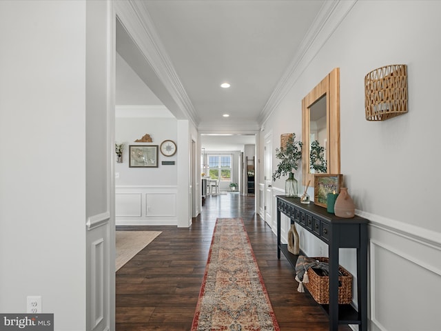 104 Barrister St, Stephenson, VA 22656 - hall with ornamental molding, a decorative wall, recessed lighting, dark wood-style flooring, and wainscoting