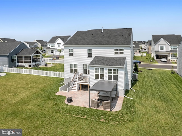 104 Barrister St, Stephenson, VA 22656 - rear view of house with a patio area, a residential view, roof with shingles, stairway, and cooling unit