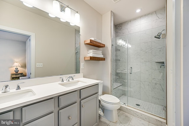 1763 Hickory Woods Rd, Dumfries, VA 22026 - bathroom with marble look tile flooring, double vanity, a marble finish shower, and recessed lighting