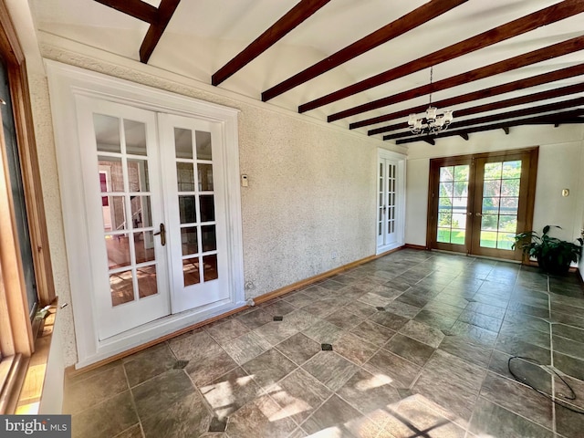 607 Harper Ave, Drexel Hill, PA 19026 - unfurnished sunroom featuring french doors, a chandelier, and beamed ceiling