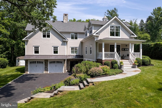 58 Haas Rd, Basking Ridge, NJ 07920 - shingle-style home featuring asphalt driveway, a garage, a front yard, and covered porch