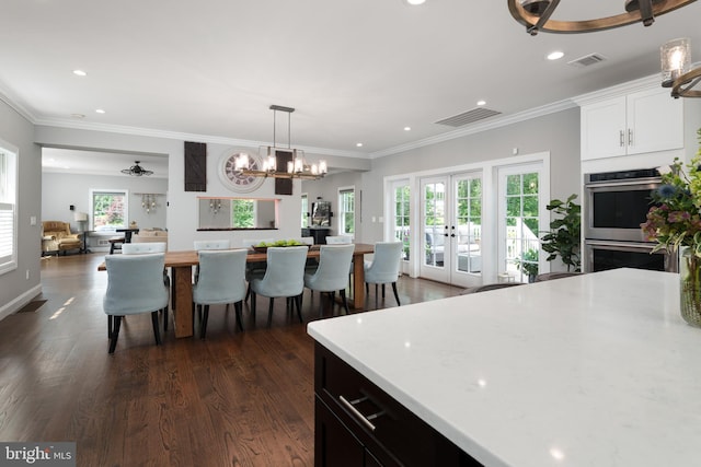 58 Haas Rd, Basking Ridge, NJ 07920 - kitchen featuring a chandelier, recessed lighting, double oven, french doors, and white cabinets