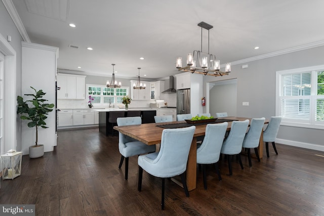58 Haas Rd, Basking Ridge, NJ 07920 - dining area with a chandelier, recessed lighting, crown molding, dark wood-style floors, and baseboards