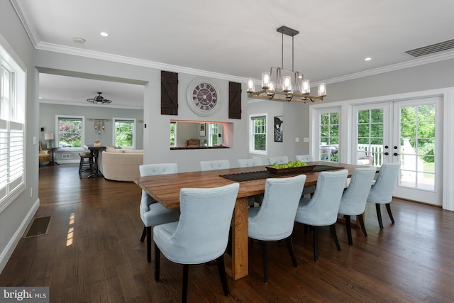 58 Haas Rd, Basking Ridge, NJ 07920 - dining space with ornamental molding, a chandelier, dark wood finished floors, recessed lighting, and baseboards
