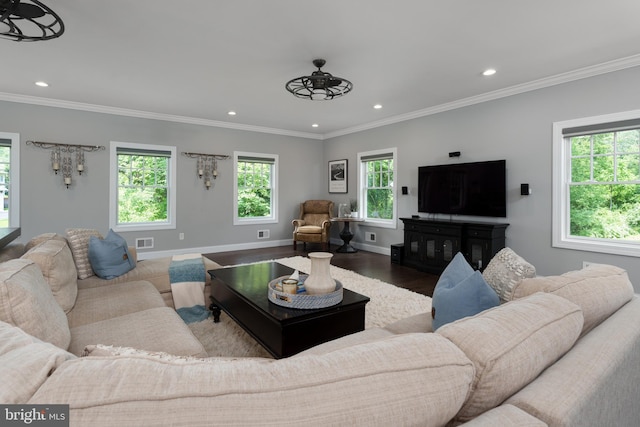 58 Haas Rd, Basking Ridge, NJ 07920 - living room with recessed lighting, wood finished floors, ornamental molding, and baseboards