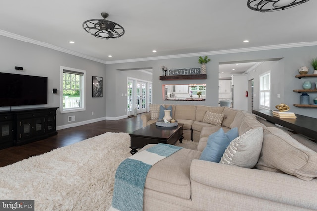 58 Haas Rd, Basking Ridge, NJ 07920 - living area featuring healthy amount of natural light, ornamental molding, wood finished floors, a ceiling fan, and baseboards