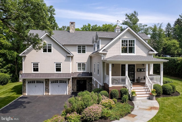 58 Haas Rd, Basking Ridge, NJ 07920 - shingle-style home with stone siding, a porch, asphalt driveway, and roof with shingles