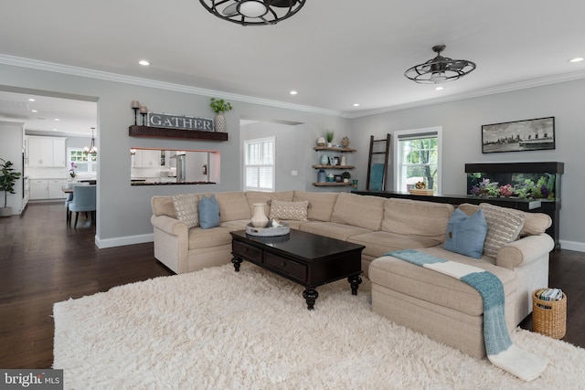 58 Haas Rd, Basking Ridge, NJ 07920 - living area featuring recessed lighting, dark wood-type flooring, crown molding, baseboards, and ceiling fan