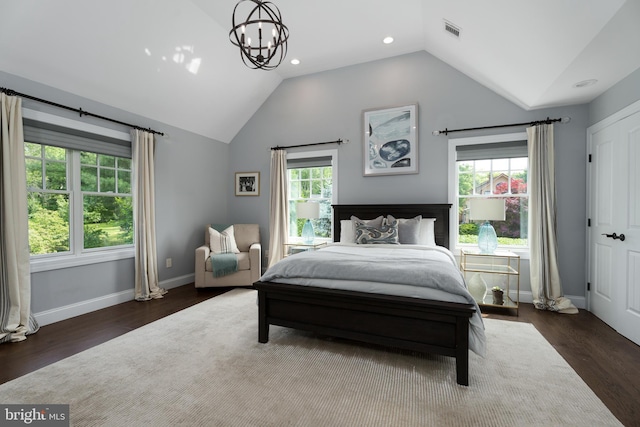 58 Haas Rd, Basking Ridge, NJ 07920 - bedroom featuring vaulted ceiling, multiple windows, dark wood finished floors, baseboards, and recessed lighting