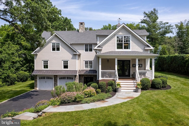 58 Haas Rd, Basking Ridge, NJ 07920 - shingle-style home with covered porch, a chimney, driveway, a garage, and a front yard