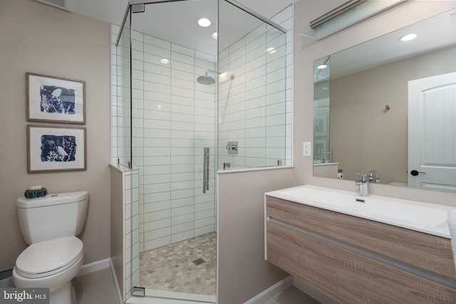 58 Haas Rd, Basking Ridge, NJ 07920 - bathroom featuring a stall shower, vanity, toilet, tile patterned flooring, and baseboards