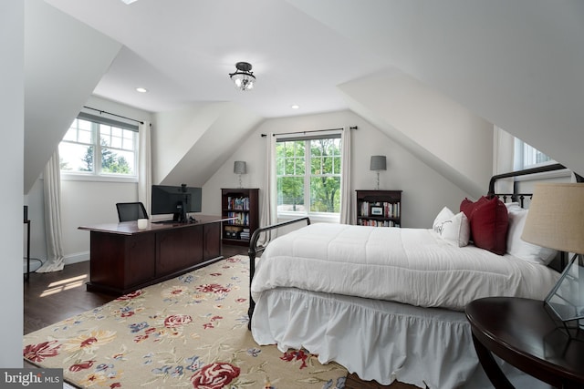 58 Haas Rd, Basking Ridge, NJ 07920 - bedroom with wood finished floors, vaulted ceiling, a desk, recessed lighting, and baseboards