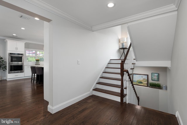 58 Haas Rd, Basking Ridge, NJ 07920 - stairway with recessed lighting, baseboards, wood finished floors, and crown molding