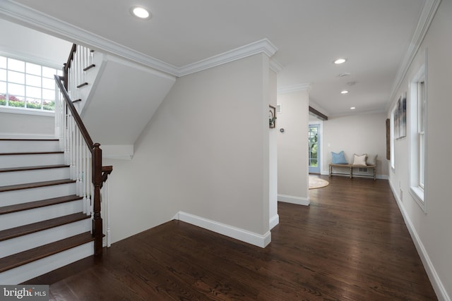 58 Haas Rd, Basking Ridge, NJ 07920 - staircase featuring wood finished floors, recessed lighting, crown molding, and baseboards