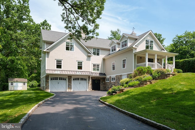 58 Haas Rd, Basking Ridge, NJ 07920 - shingle-style home featuring stone siding, driveway, a garage, and a standing seam roof