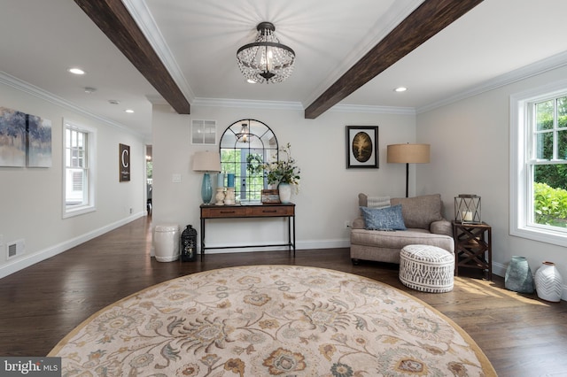 58 Haas Rd, Basking Ridge, NJ 07920 - sitting room featuring dark wood-style flooring, a chandelier, baseboards, beamed ceiling, and crown molding