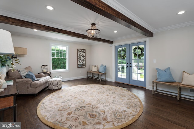 58 Haas Rd, Basking Ridge, NJ 07920 - living area with dark wood-style floors, french doors, ornamental molding, baseboards, and recessed lighting