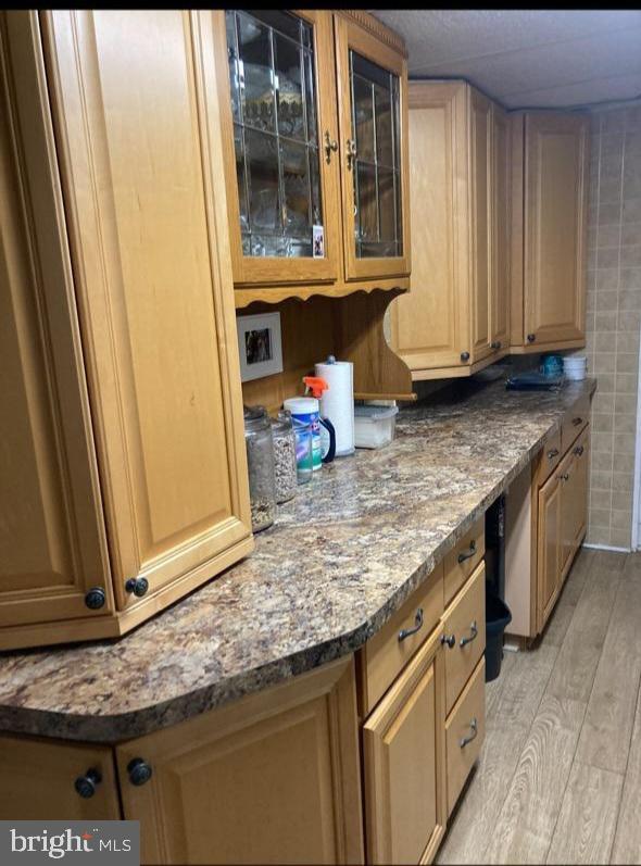 1397 Dennis Rd, Southampton, PA 18966 - kitchen featuring light wood-style flooring, glass insert cabinets, and dark stone countertops