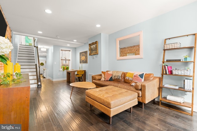 206 E Randall St, Baltimore, MD 21230 - living area featuring recessed lighting, stairway, dark wood-type flooring, and baseboards