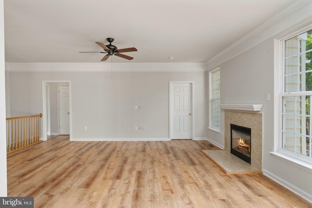 35510 Somerset Ridge Rd, Locust Grove, VA 22508 - unfurnished living room featuring ceiling fan, a fireplace, light wood-style flooring, and ornamental molding
