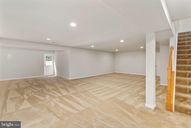 35510 Somerset Ridge Rd, Locust Grove, VA 22508 - below grade area featuring light colored carpet, stairs, and recessed lighting