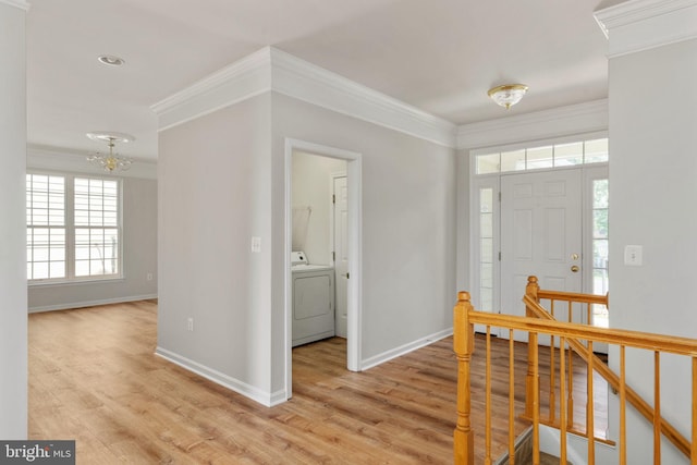 35510 Somerset Ridge Rd, Locust Grove, VA 22508 - entrance foyer featuring washer / clothes dryer, light wood-type flooring, ornamental molding, and a chandelier