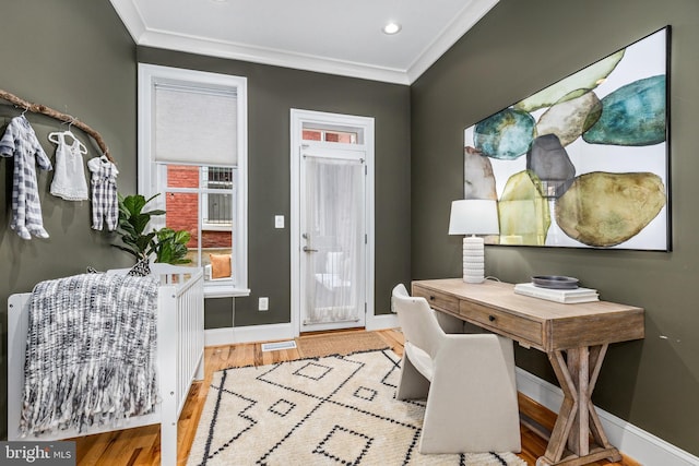 1235 S St NW Unit 1, Washington, DC 20009 - office area with baseboards, wood finished floors, crown molding, and recessed lighting