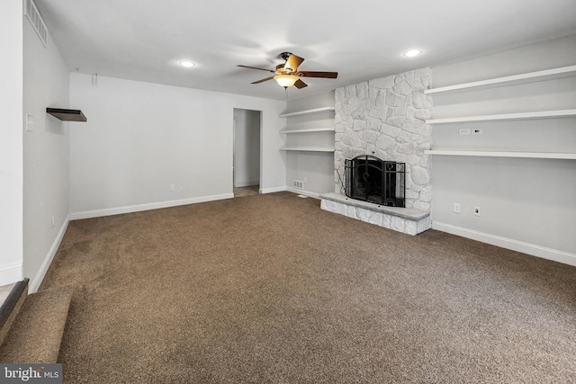 19 Hollybrook Way, Voorhees, NJ 08043 - unfurnished living room featuring ceiling fan, carpet flooring, a stone fireplace, and recessed lighting