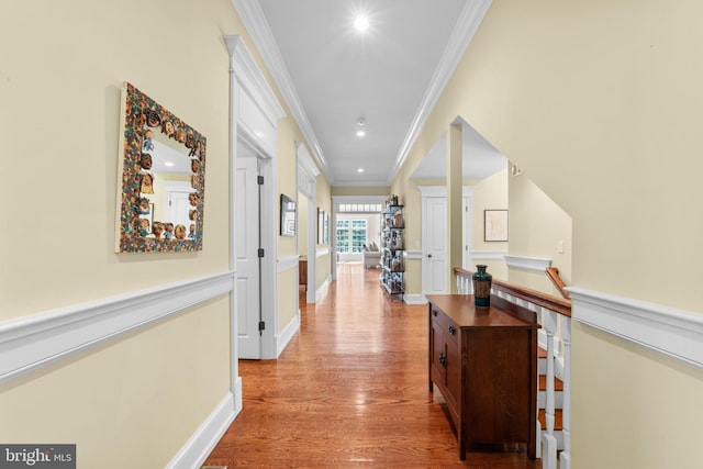 4491 Province Line Rd, Princeton, NJ 08540 - hallway with ornamental molding, wood finished floors, recessed lighting, baseboards, and an upstairs landing