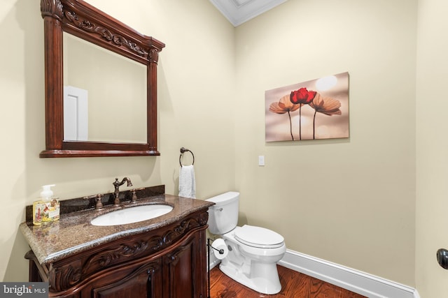 4491 Province Line Rd, Princeton, NJ 08540 - half bathroom featuring crown molding, toilet, wood finished floors, vanity, and baseboards
